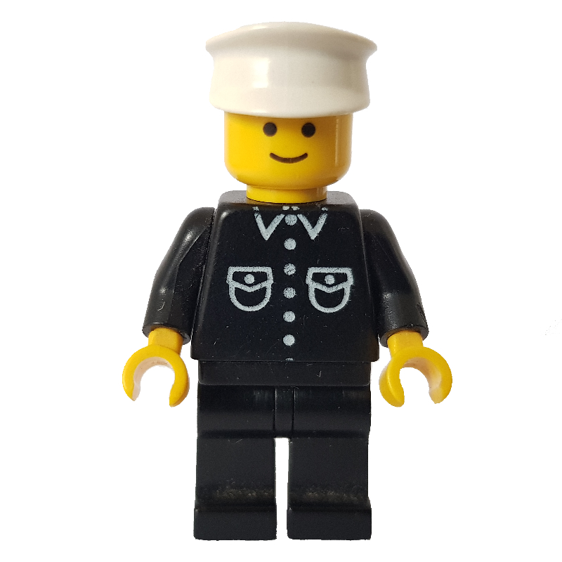 LEGO Man, Black Shirt with Buttons and Pockets, Black Legs, White Hat (fig-008738)