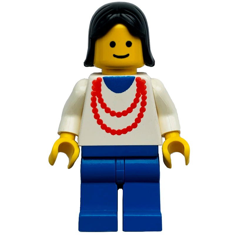 LEGO Woman, White Top with Red Necklace, Blue Legs, Black Hair (3626a Head) (fig-008742)