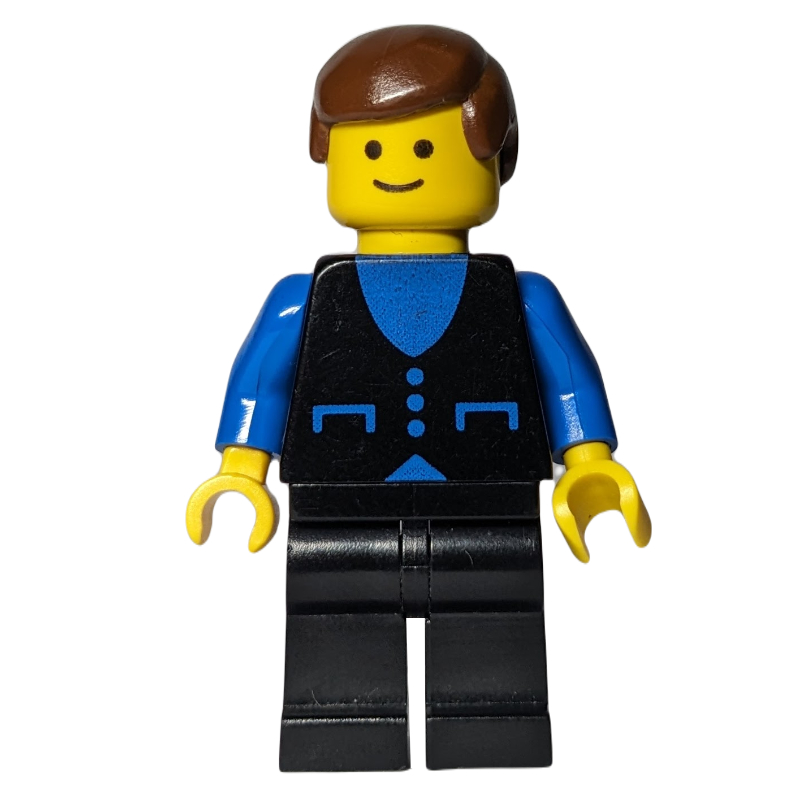 LEGO Man, Black Vest over Blue Shirt, Black Legs, Brown Hair (fig-008743)