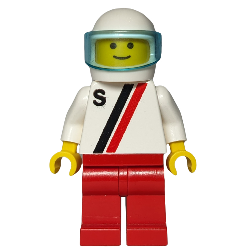 LEGO Man, White Shirt with Two Stripes and 'S', Red Legs, White Helmet with Visor (fig-008744)