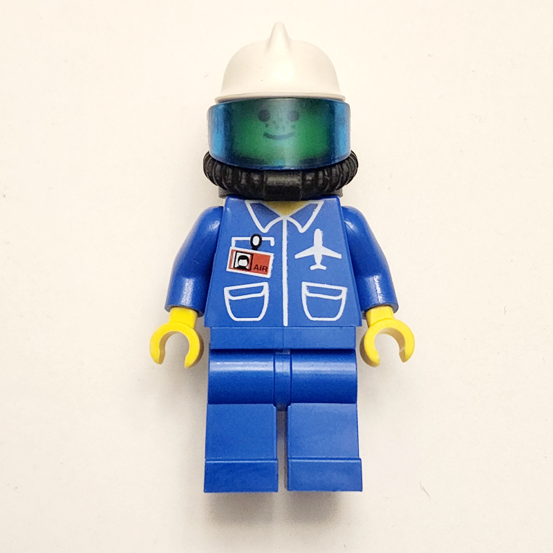 LEGO Ground Crew, Blue Jumpsuit with Plane and ID Badge, White Helmet, Breathing Apparatus with Visor, Airtanks (fig-008746)