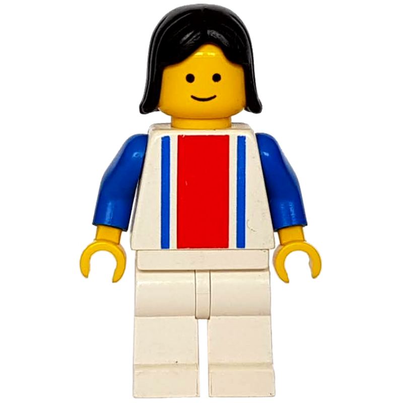 LEGO Woman, White Top with Large Red Stripe and 2 Blue Stripes, White Legs, Black Hair (fig-008748)