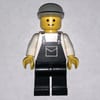 Man, Black Overalls, Light Gray Cap