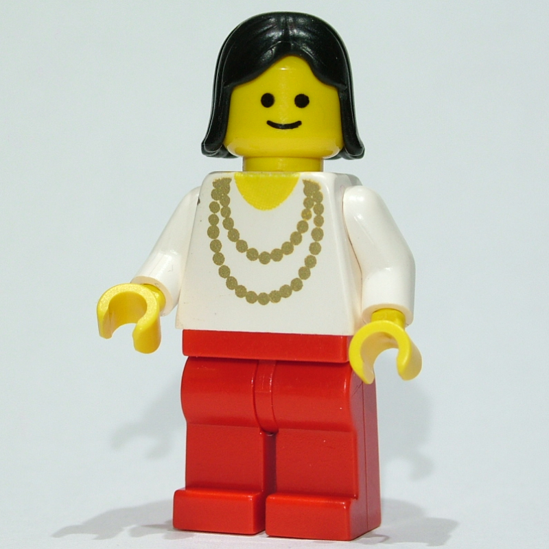 LEGO Woman, White Shirt with Gold Necklace, Red Legs, Black Hair (3626b Head) (fig-008755)
