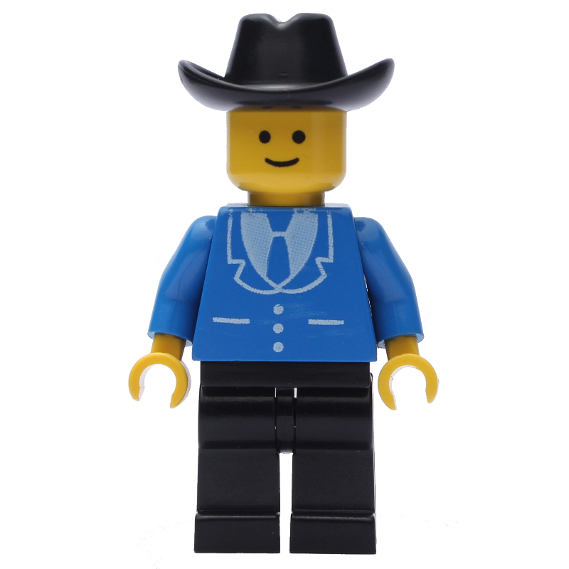 LEGO Man, Blue Jacket with Tie and Three Buttons, Black Legs, Black Cowboy Hat (3626b Head) (fig-008761)