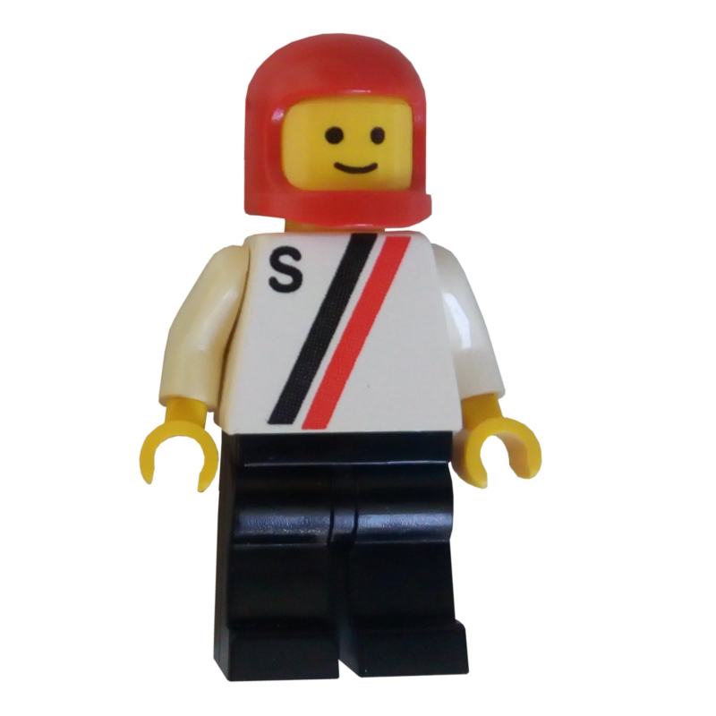 LEGO Racer, White Shirt with Two Stripes and 'S', Black Legs, Red Helmet (fig-008762)