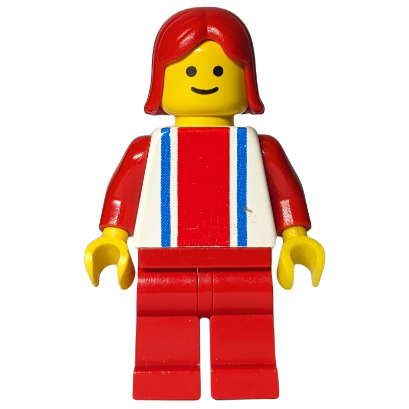 LEGO Woman, White Top with Large Red Stripe and 2 Blue Stripes, Red Legs, Red Hair (fig-008763)