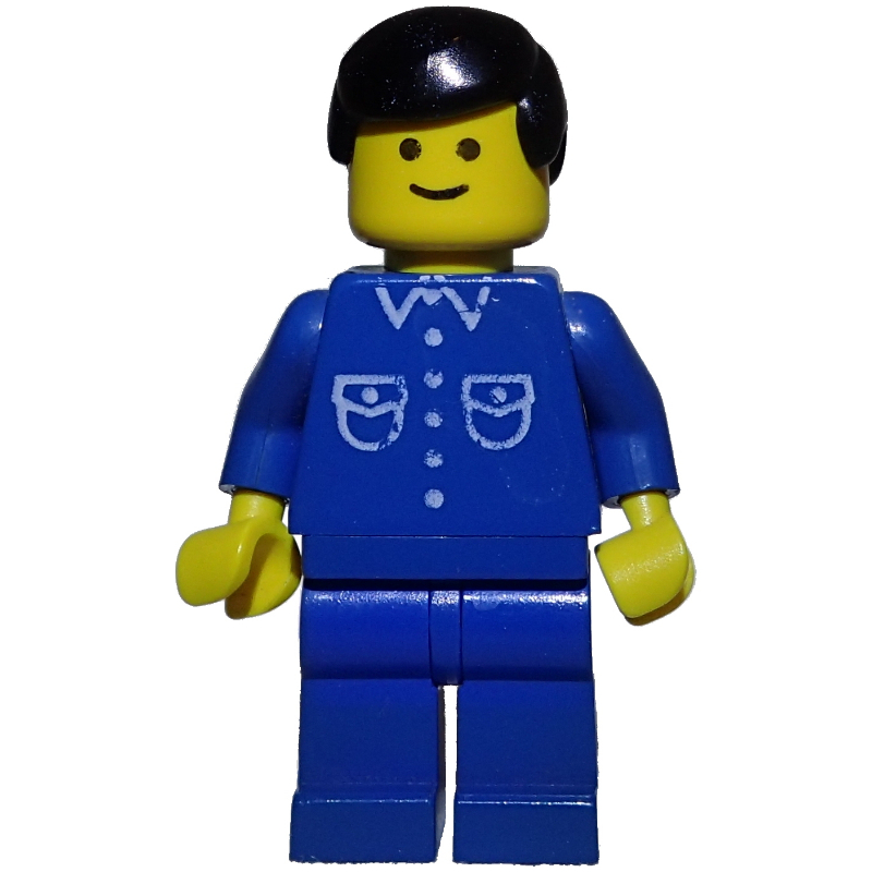 LEGO Man, Blue Shirt with Buttons and Pockets, Blue Legs, Black Hair (fig-008765)