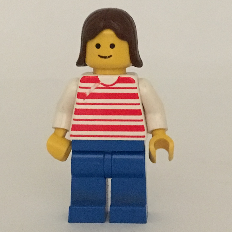 LEGO Woman, Red and White Striped Shirt, Blue Legs, Brown Hair (fig-008768)