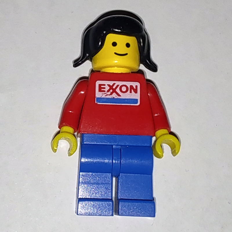 LEGO Woman, Red Torso with Exxon Logo, Blue Legs, Black Hair (fig-008810)