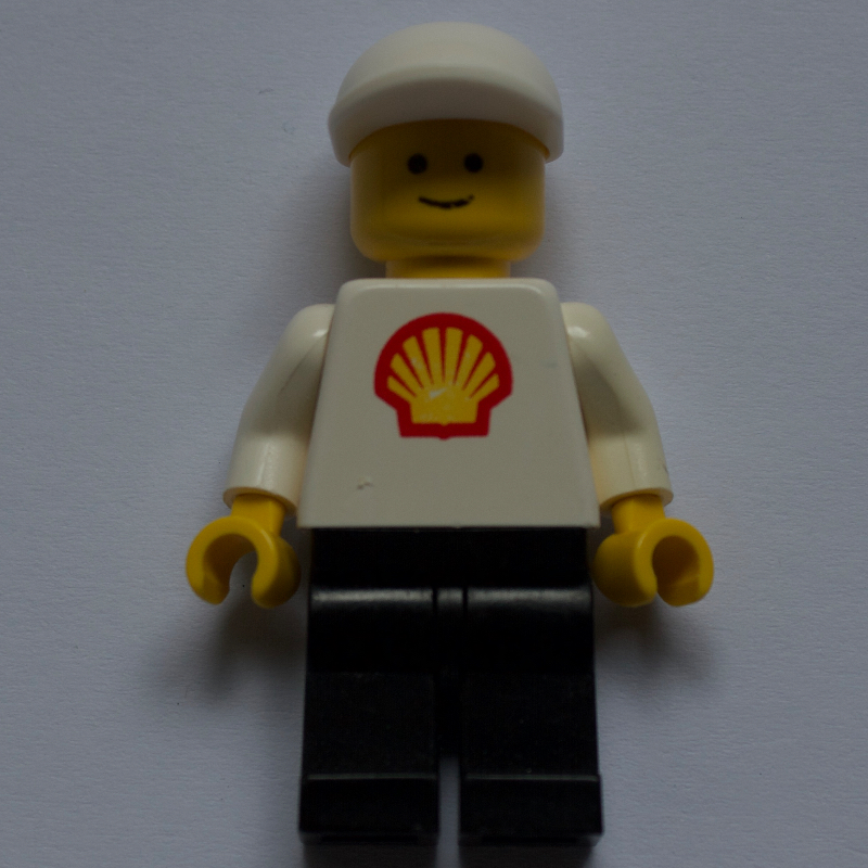 LEGO Man, White Torso with Shell Logo, Black Legs, White Cap (fig-008812)