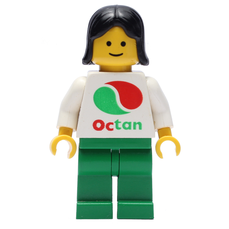 LEGO Woman, White Top with Large Octan Logo, Green Legs, Black Hair (fig-008814)