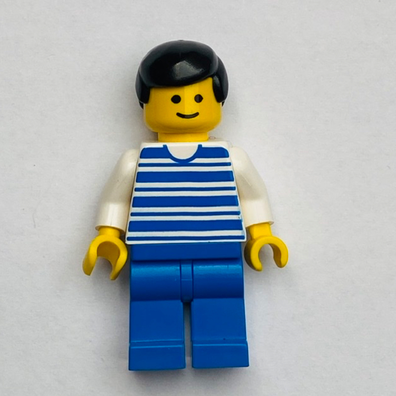 LEGO Man, White and Blue Striped Shirt, Blue Legs, Black Hair (fig-008816)