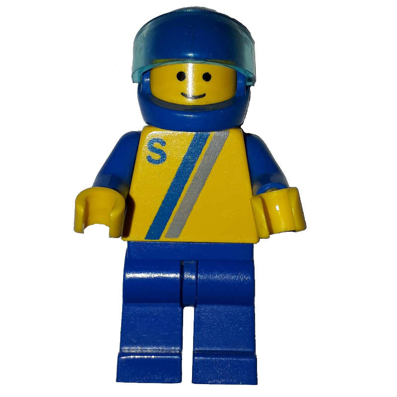LEGO Racer, Yellow Shirt with Two Stripes and 'S', Blue Legs, Blue Helmet with Visor (fig-008818)