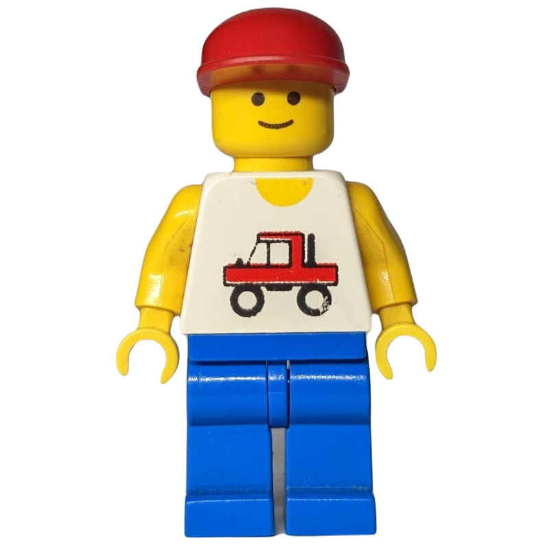 LEGO Man, White Vest with Truck, Blue Legs, Red Cap (3626b Head) (fig-008820)