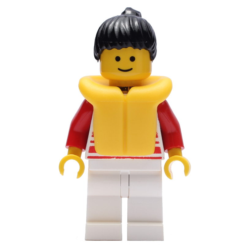 LEGO Woman, Red and White Striped Shirt, White Legs, Black Hair, Yellow Life Vest (fig-008821)