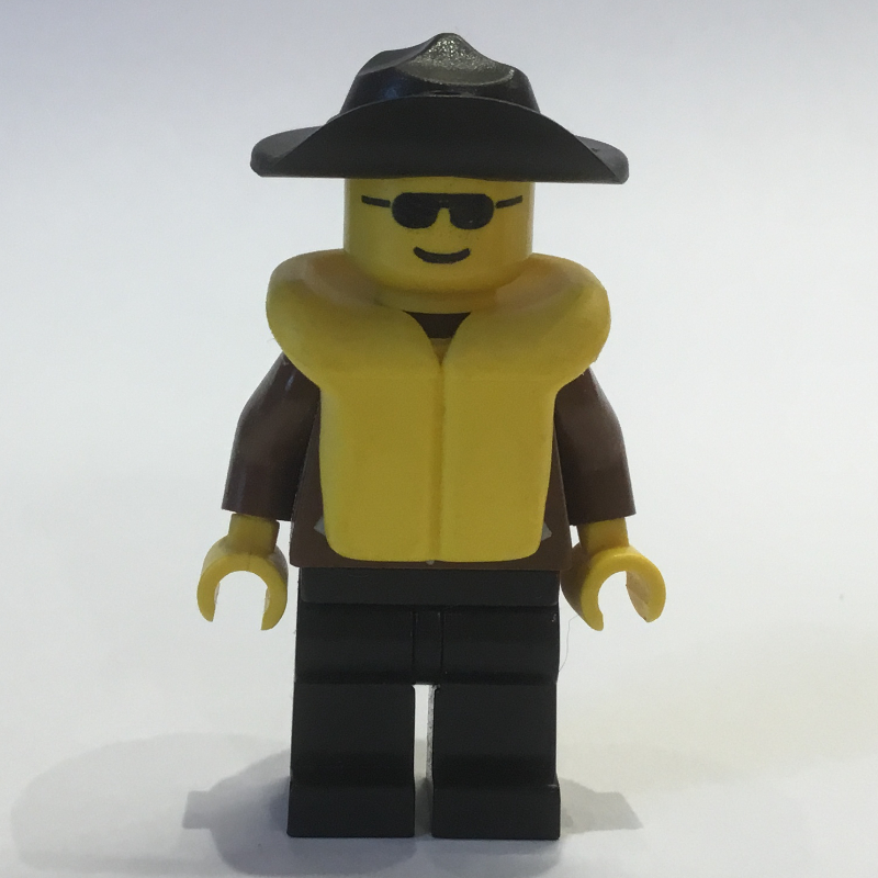 LEGO Man, Brown Jacket, Black Legs, Black Hat, Yellow Life Vest, Sunglasses (fig-008822)