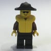 Man, Brown Jacket, Black Legs, Black Hat, Yellow Life Vest, Sunglasses