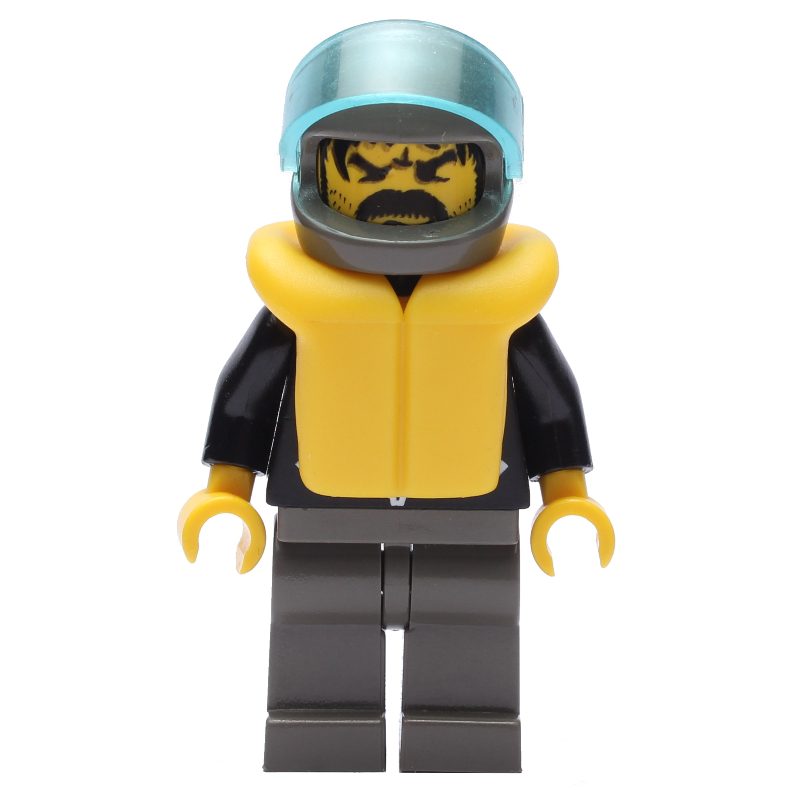 LEGO Man, Open Black Jacket over Red Shirt, Light Gray Legs, Helmet and Visor, Yellow Life Vest (fig-008823)