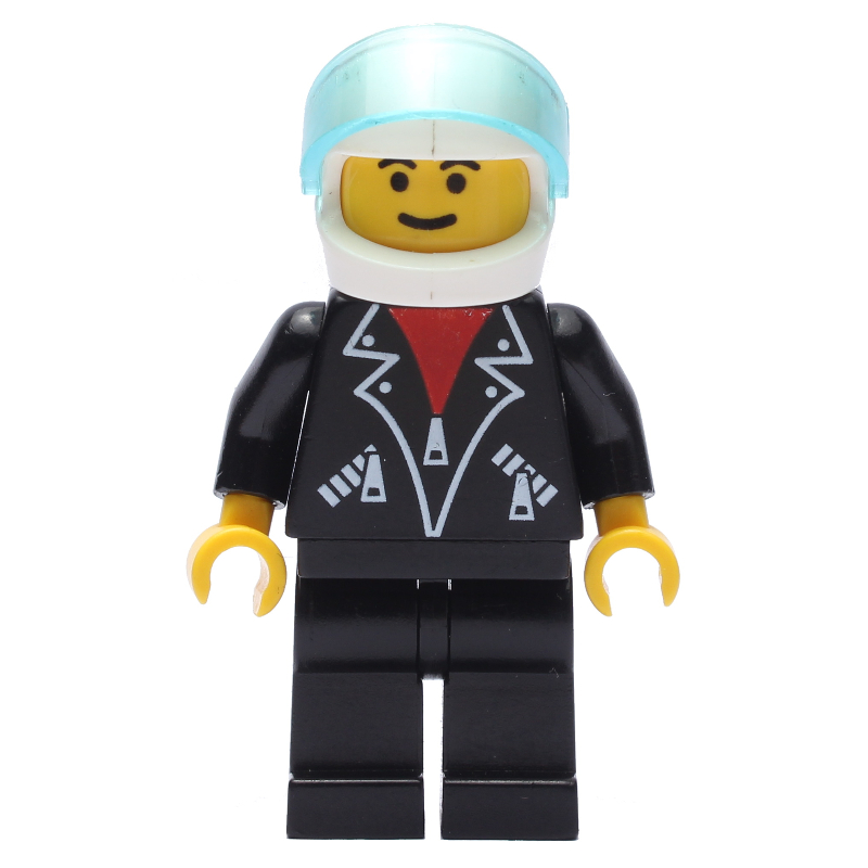 LEGO Man, Open Black Jacket over Red Shirt, Black Legs, Helmet and Visor (fig-008824)