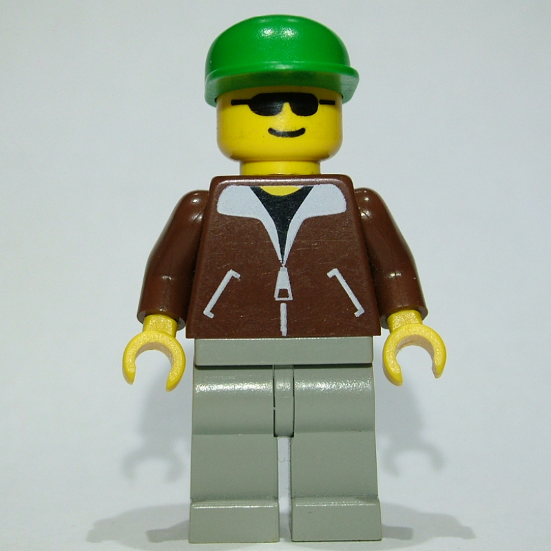 LEGO Man, Brown Jacket, Light Gray Legs, Green Cap, Sunglasses (fig-008825)