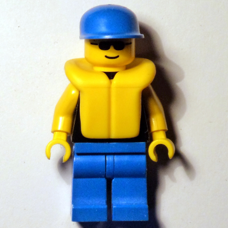 LEGO Man, Black Torso, Blue Legs, Blue Cap, Yellow Life Vest (fig-008826)