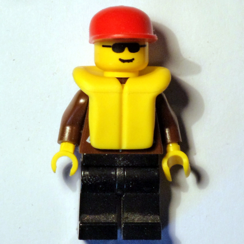 LEGO Man, Brown Jacket, Black Legs, Red Cap, Yellow Life Vest, Sunglasses (fig-008827)