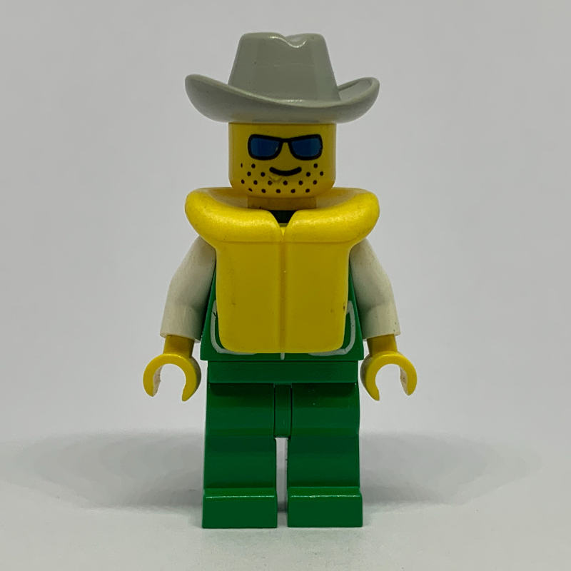 LEGO Man, Green Jacket, Green Legs, Light Gray Cowbot Hat, Yellow Life Vest, Blue Sunglasses (fig-008828)
