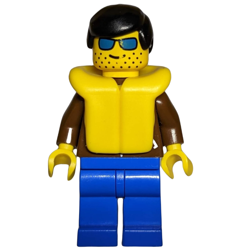 LEGO Man, Brown Jacket, Blue Legs, Black Hair, Yellow Life Vest, Blue Sunglasses (fig-008829)