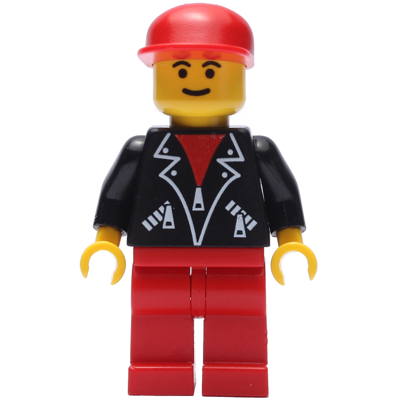 LEGO Man, Open Black Jacket over Red Shirt, Red Legs, Red Cap (fig-008833)