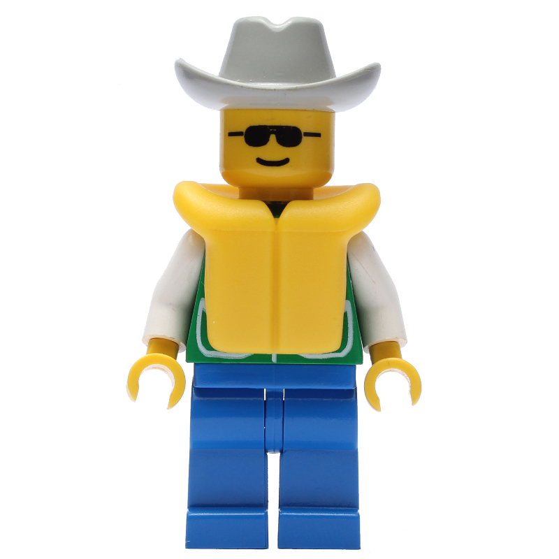LEGO Man, Green Jacket, Blue Legs, Light Gray Cowboy Hat, Yellow Life Vest, Sunglasses (fig-008835)