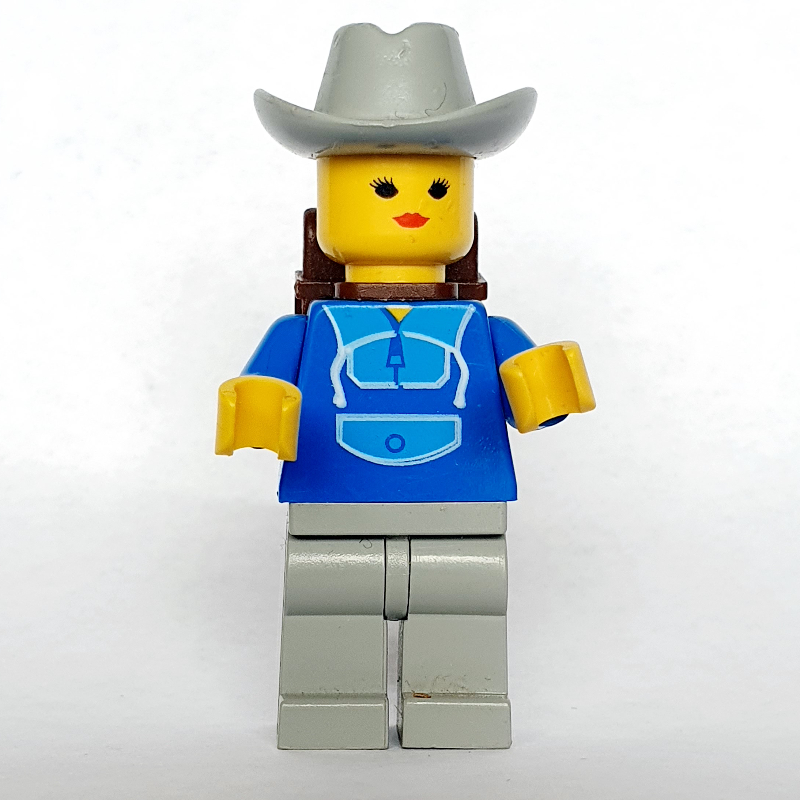 LEGO Woman, Blue and Light Gray Jogging Suit, Light Gray Cowboy Hat, Backpack (fig-008836)