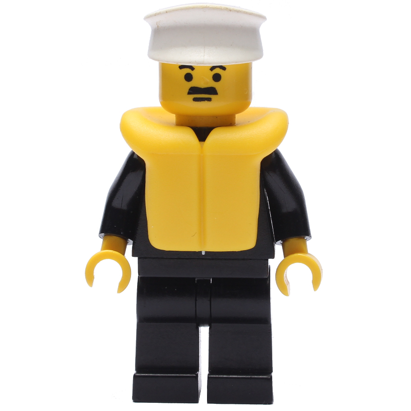 LEGO Policeman, Black Suit with Tie and Badge, White Hat, Yellow Life Vest, Moustache (fig-008843)