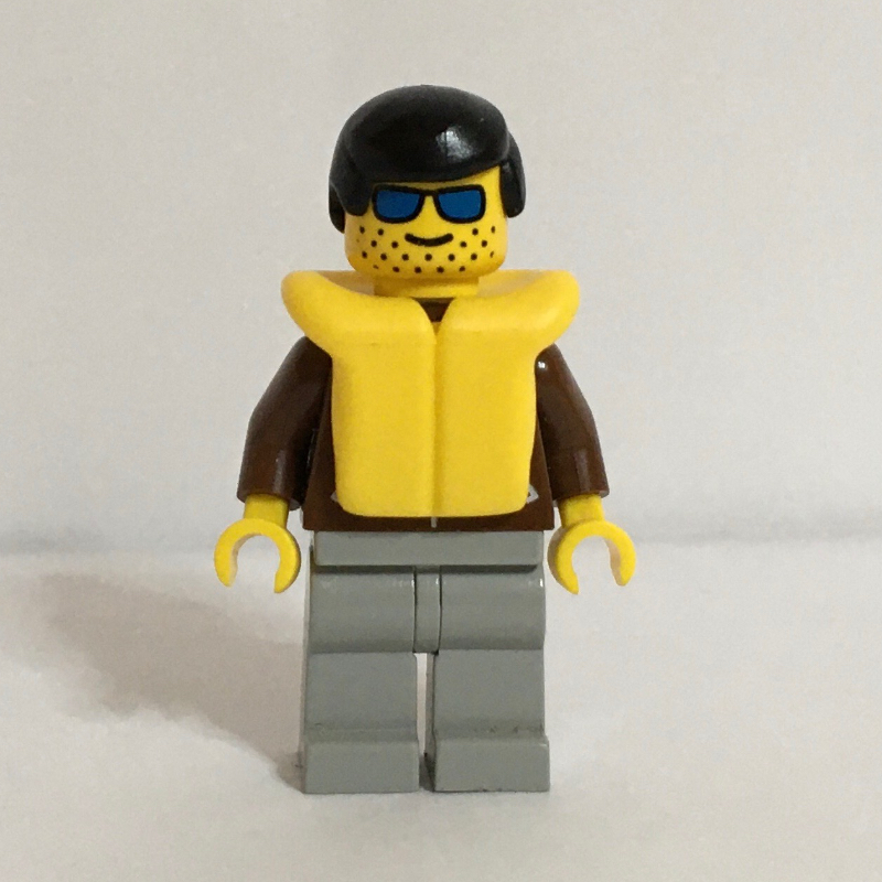 LEGO Man, Brown Jacket, Light Gray Legs, Black Hair, Yellow Life Vest, Blue Sunglasses (fig-008845)