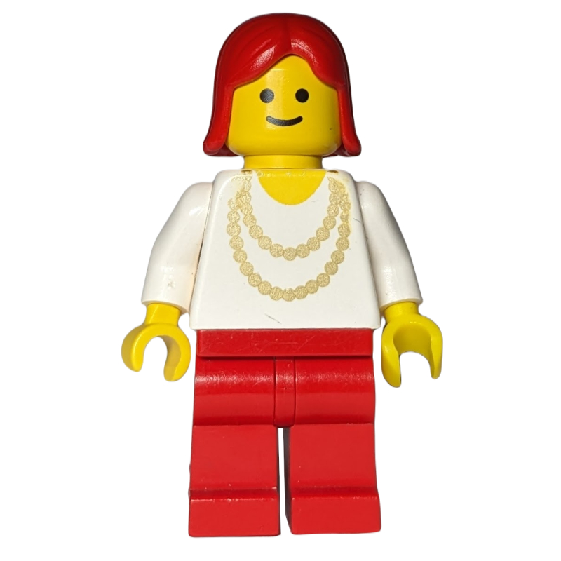 LEGO Woman, White Shirt with Gold Necklace, Red Legs, Red Hair (3626b Head) (fig-008852)