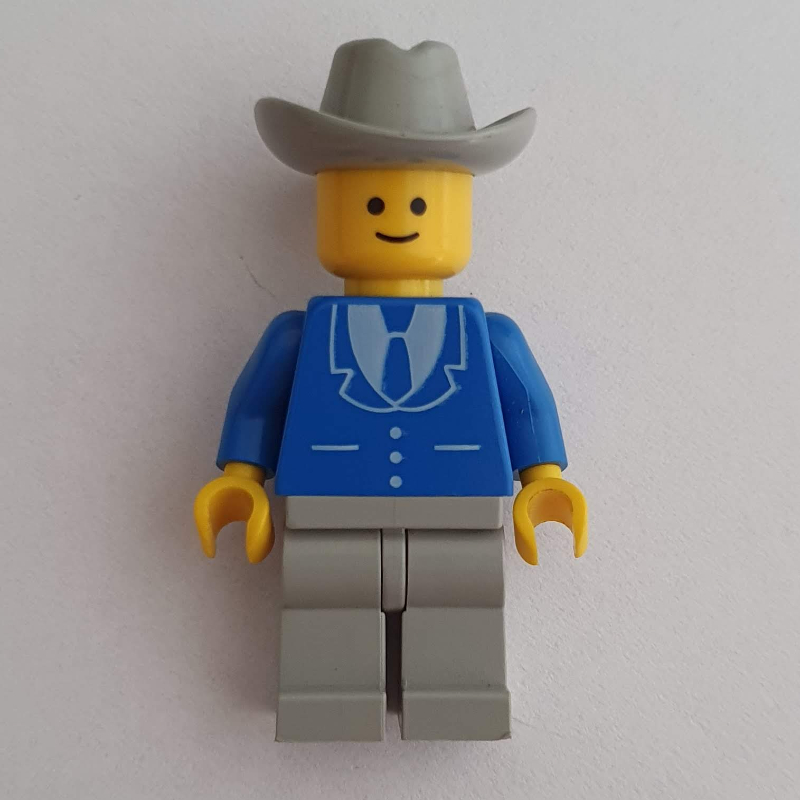 LEGO Man, Blue Jacket with Tie and Three Buttons, Light Gray Legs, Light Gray Cowboy Hat (3626b Head) (fig-008853)