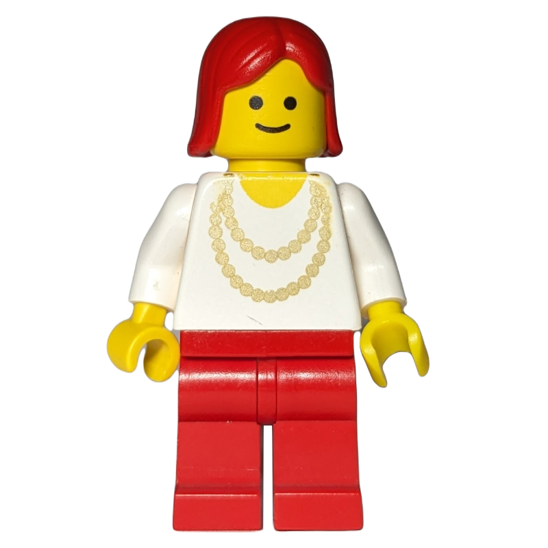 LEGO Woman, White Shirt with Gold Necklace, Red Legs, Red Hair (3626a Head) (fig-008858)
