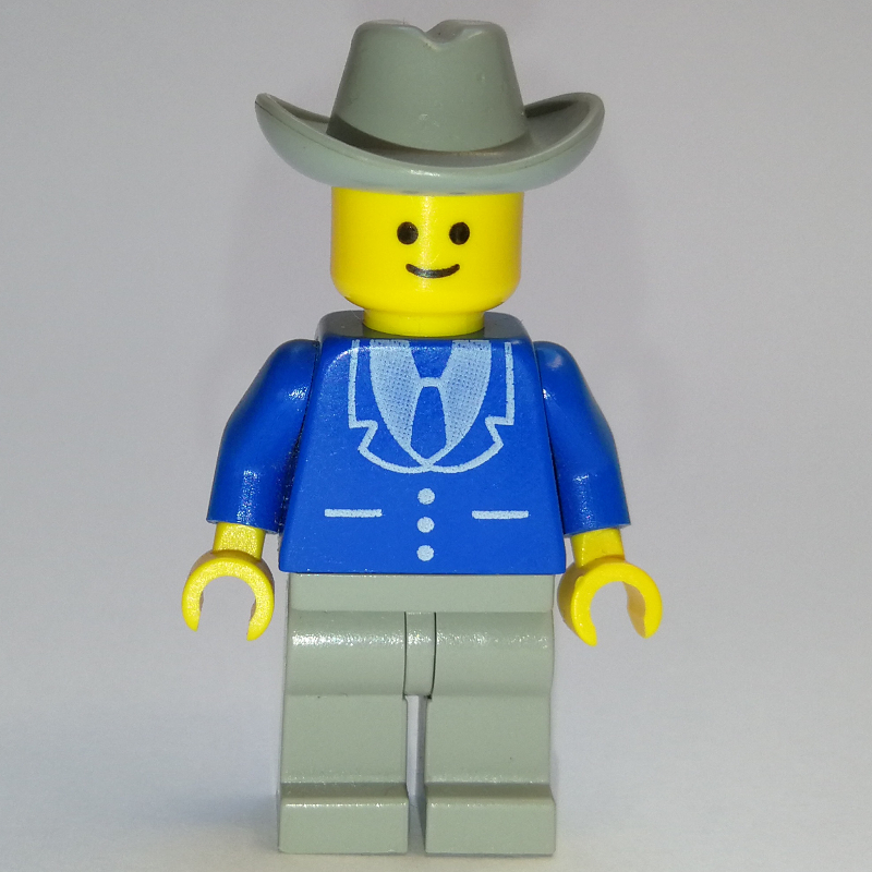 LEGO Man, Blue Jacket with Tie and Three Buttons, Light Gray Legs, Light Gray Cowboy Hat (3626a Head) (fig-008859)
