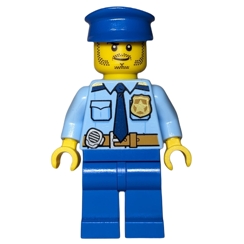 LEGO Policeman, Bright Light Blue Shirt with Dark Blue Tie, Badge, and Radio on Belt, Blue Legs, Blue Hat (fig-008861)