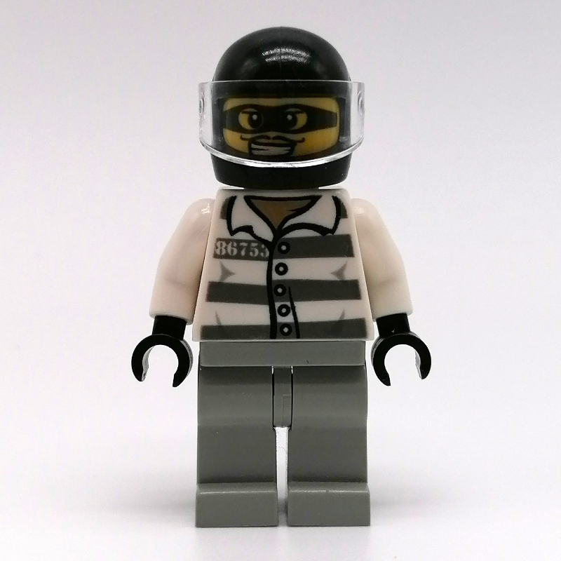 LEGO Criminal, Prison Shirt with #86753, Light Bluish Gray Legs, Black Helmet with Visor, Eyemask (fig-008862)