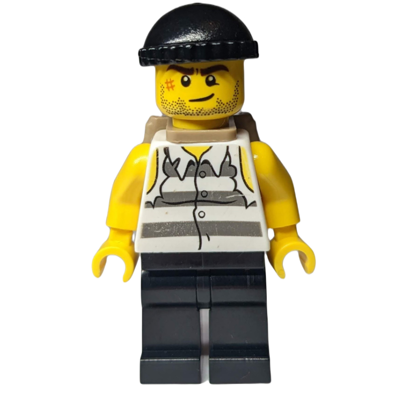 LEGO Criminal, Torn Prison Shirt, Black Legs, Black Hat, Dark Tan Backpack, Stubble and Scar (fig-008863)