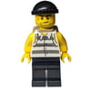 Criminal, Torn Prison Shirt, Black Legs, Black Hat, Dark Tan Backpack, Stubble and Scar