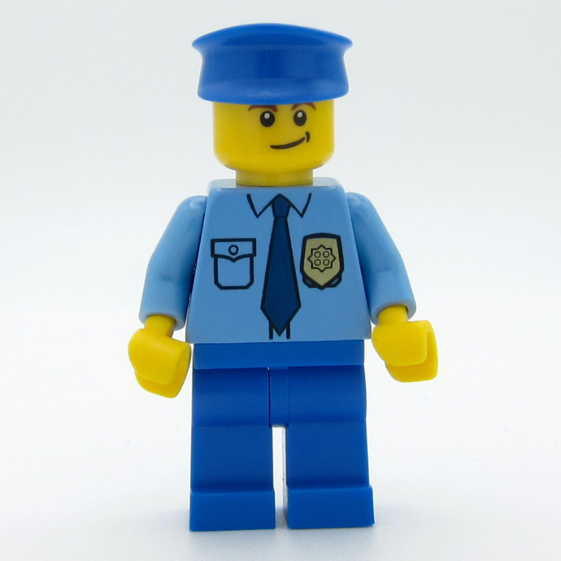 LEGO Policeman, Medium Blue Shirt with Badge and Tie, Blue Legs, Blue Hat, Brown Eyebrows (fig-008864)