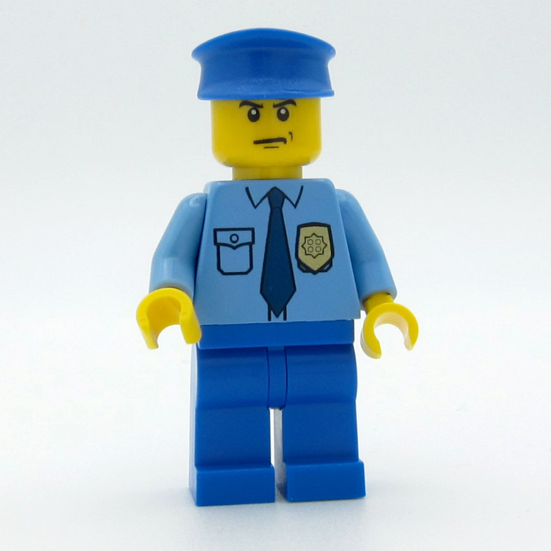 LEGO Policeman, Medium Blue Shirt with Badge and Tie, Blue Legs, Blue Hat, Scowl (fig-008865)