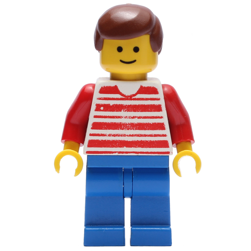 LEGO Man, Red and White Striped Shirt, Blue Legs, Brown Hair (fig-008866)