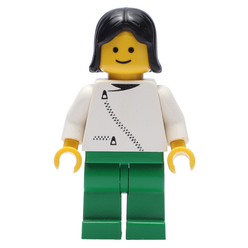 LEGO Woman, White Jacket with Zipper, Green Legs, Black Hair (fig-008867)