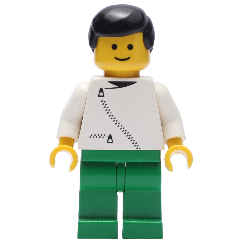 LEGO Man, White Jacket with Zipper, Green Legs, Black Hair (fig-008868)