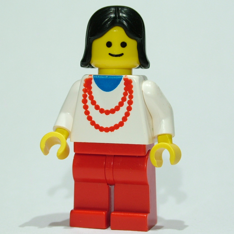 LEGO Woman, White Top with Red Necklace, Red Legs, Black Hair (3626b Head) (fig-008872)