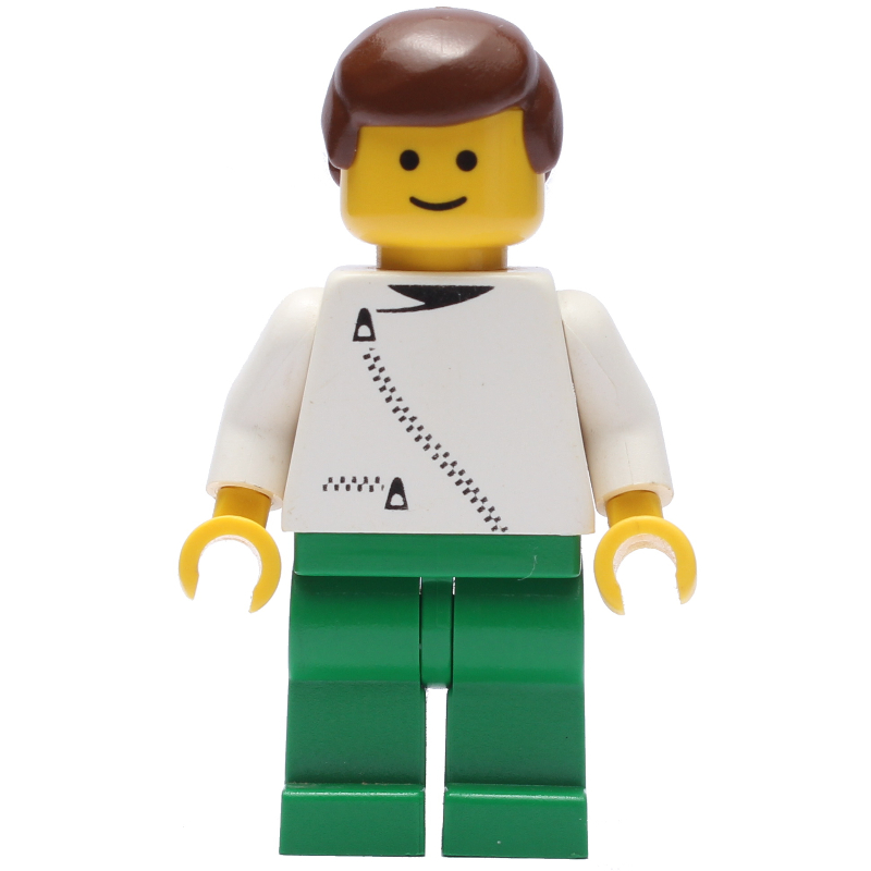 LEGO Man, White Jacket with Zipper, Green Legs, Brown Hair (fig-008878)