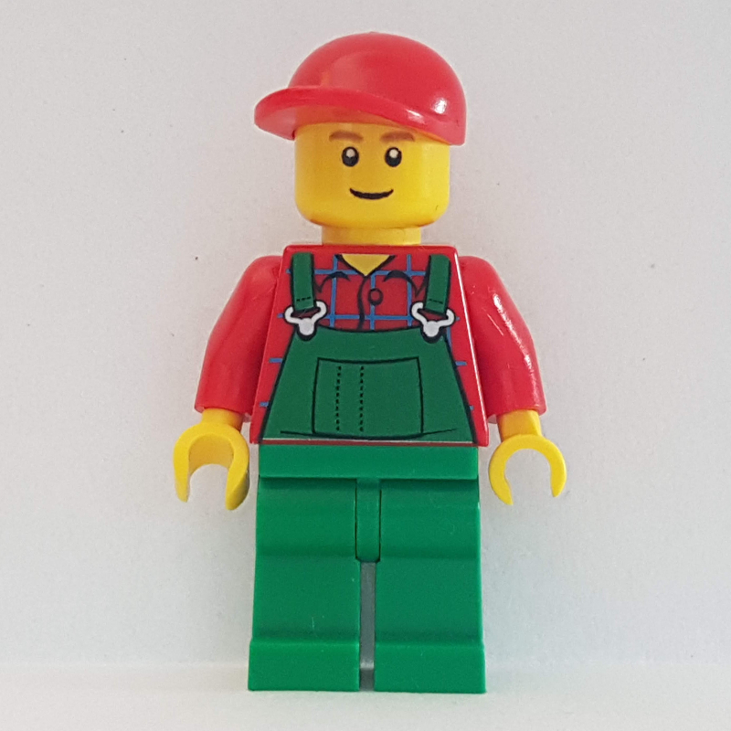 LEGO Man, Green Overalls over Red Shirt, Red Cap, Brown Eyebrows, Reddish Brown Eyebrows (fig-008880)